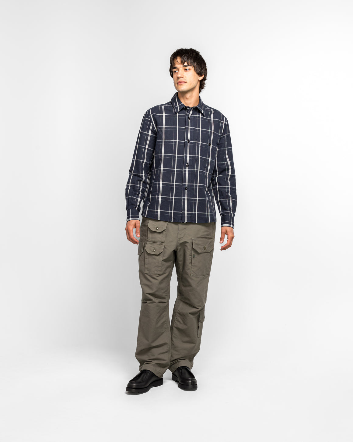 MHL. - Overall Shirt - Blue/Off White Graphic Check Cotton Linen Slate - UP THERE