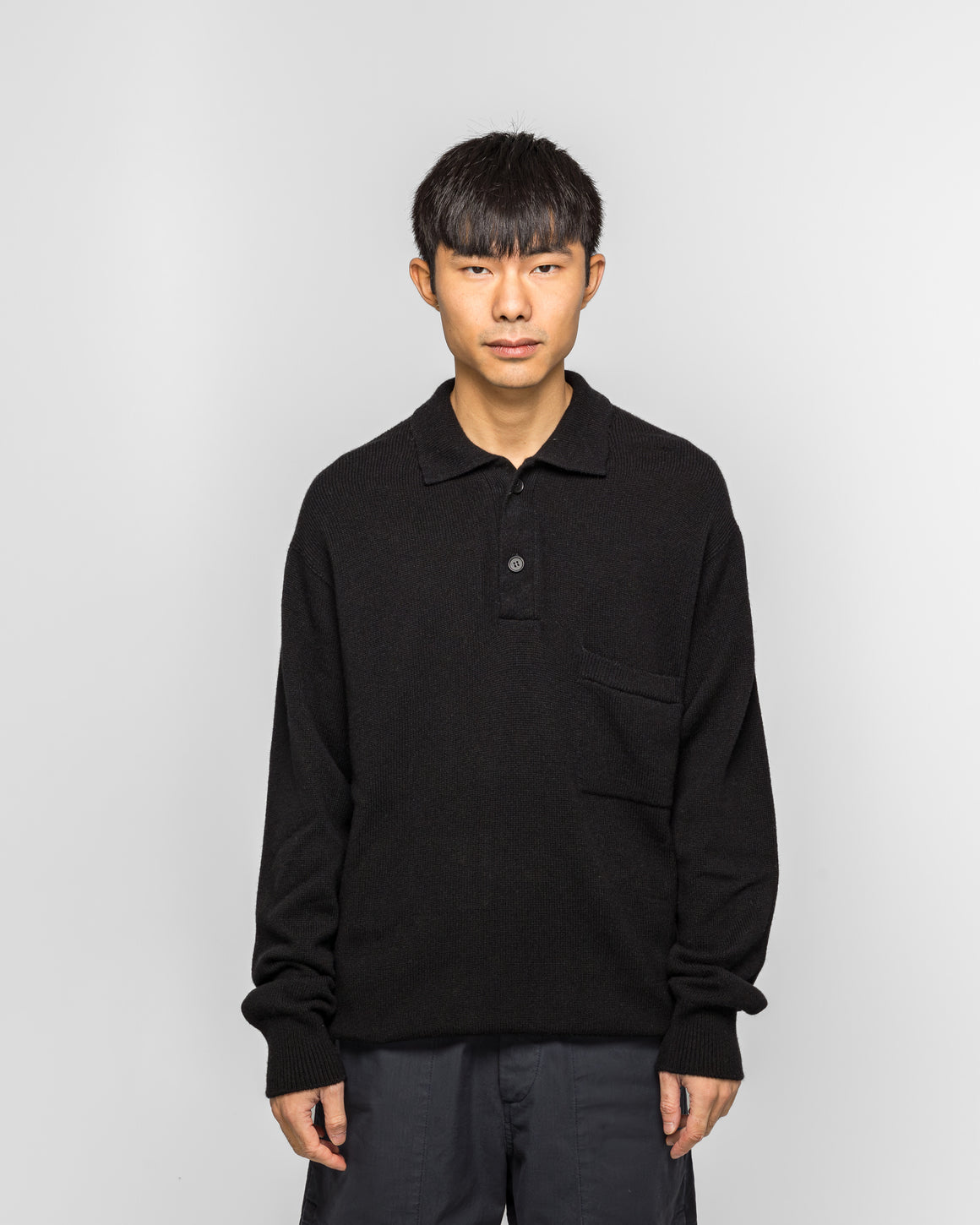 Margaret Howell - Seamless Pocket Polo Shirt - Black Merino Cashmere - UP THERE