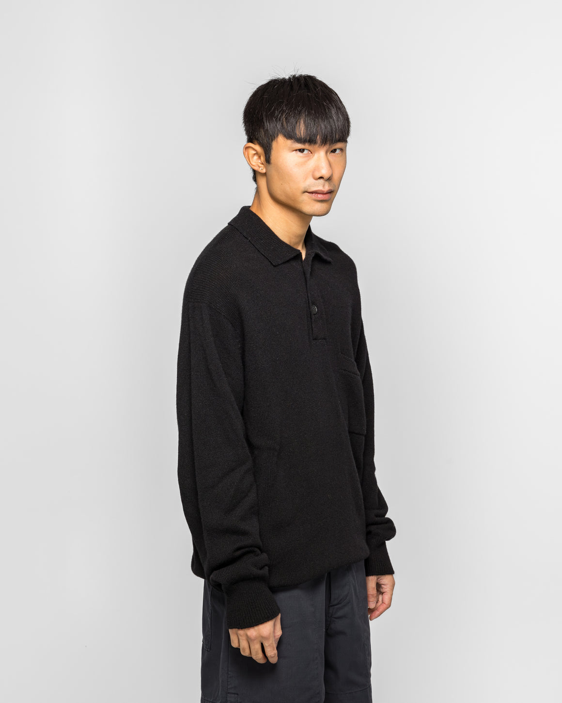 Margaret Howell - Seamless Pocket Polo Shirt - Black Merino Cashmere - UP THERE