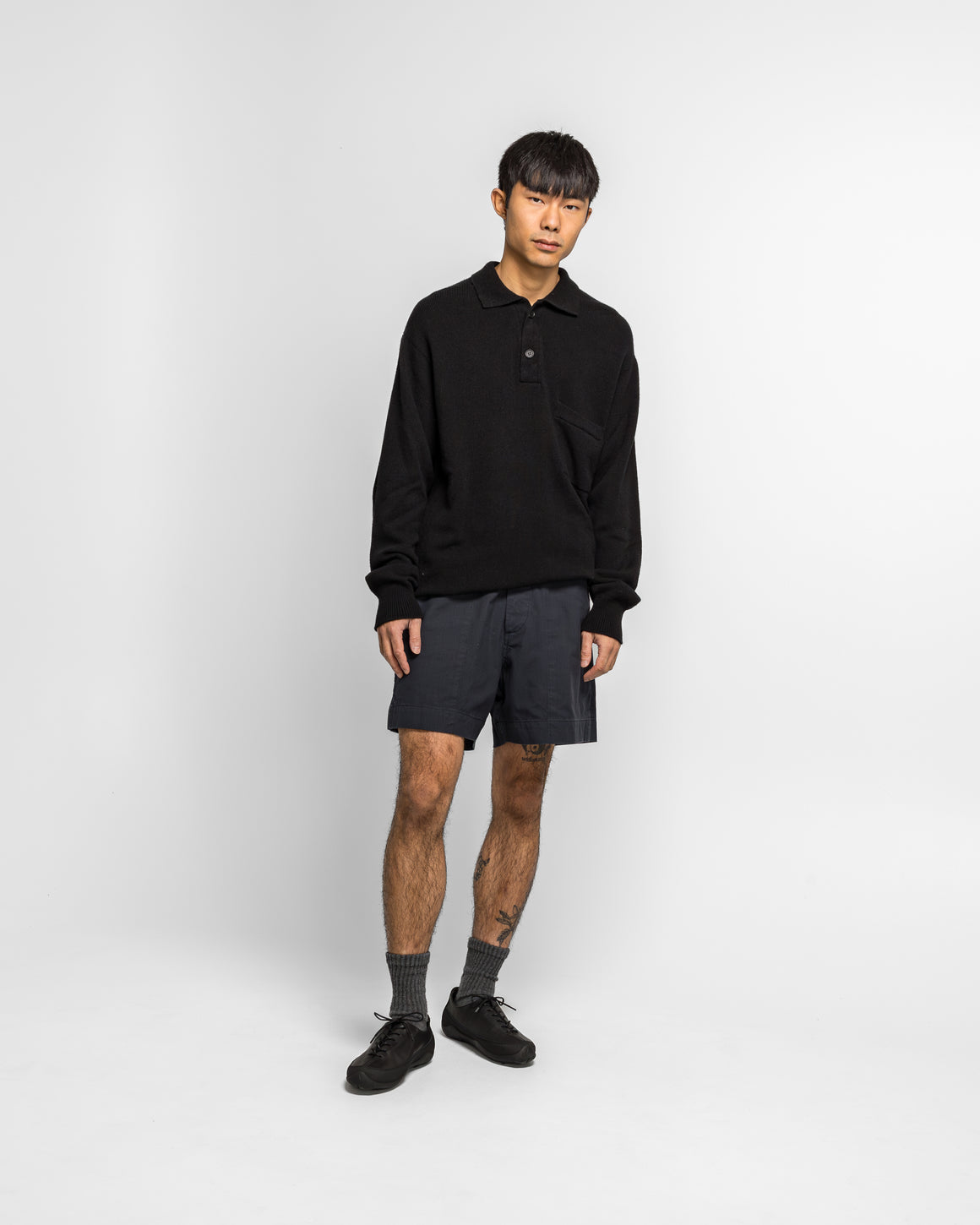 Margaret Howell - Seamless Pocket Polo Shirt - Black Merino Cashmere - UP THERE