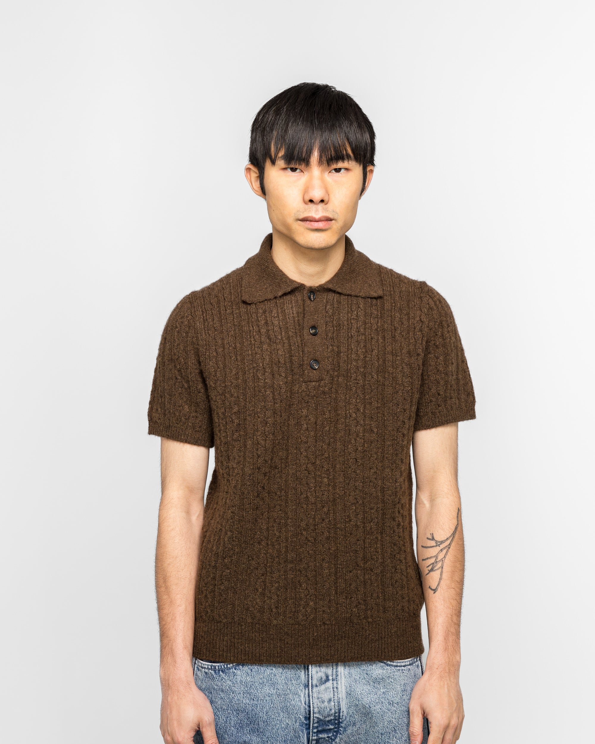 MM6 - Cable 7G Knit Polo Shirt - Brown | UP THERE