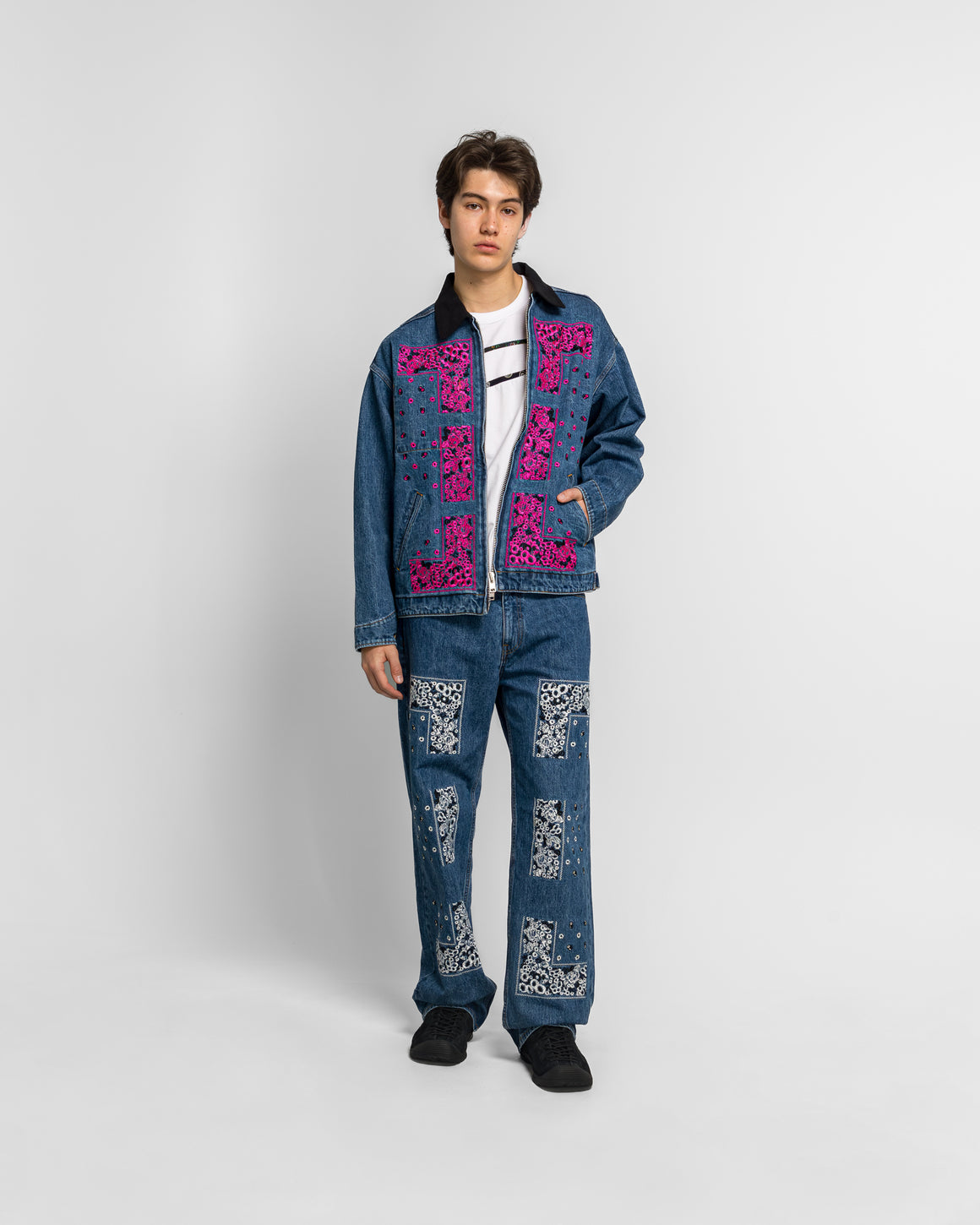 NOMARHYTHM TEXTILE - Bandana Embroidery Denim Jacket - Indigo/Pink - UP THERE