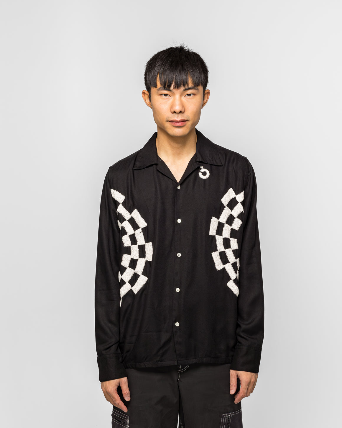 NOMARHYTHM TEXTILE - Checker Embroidery Open Collar Shirt - Black - UP THERE