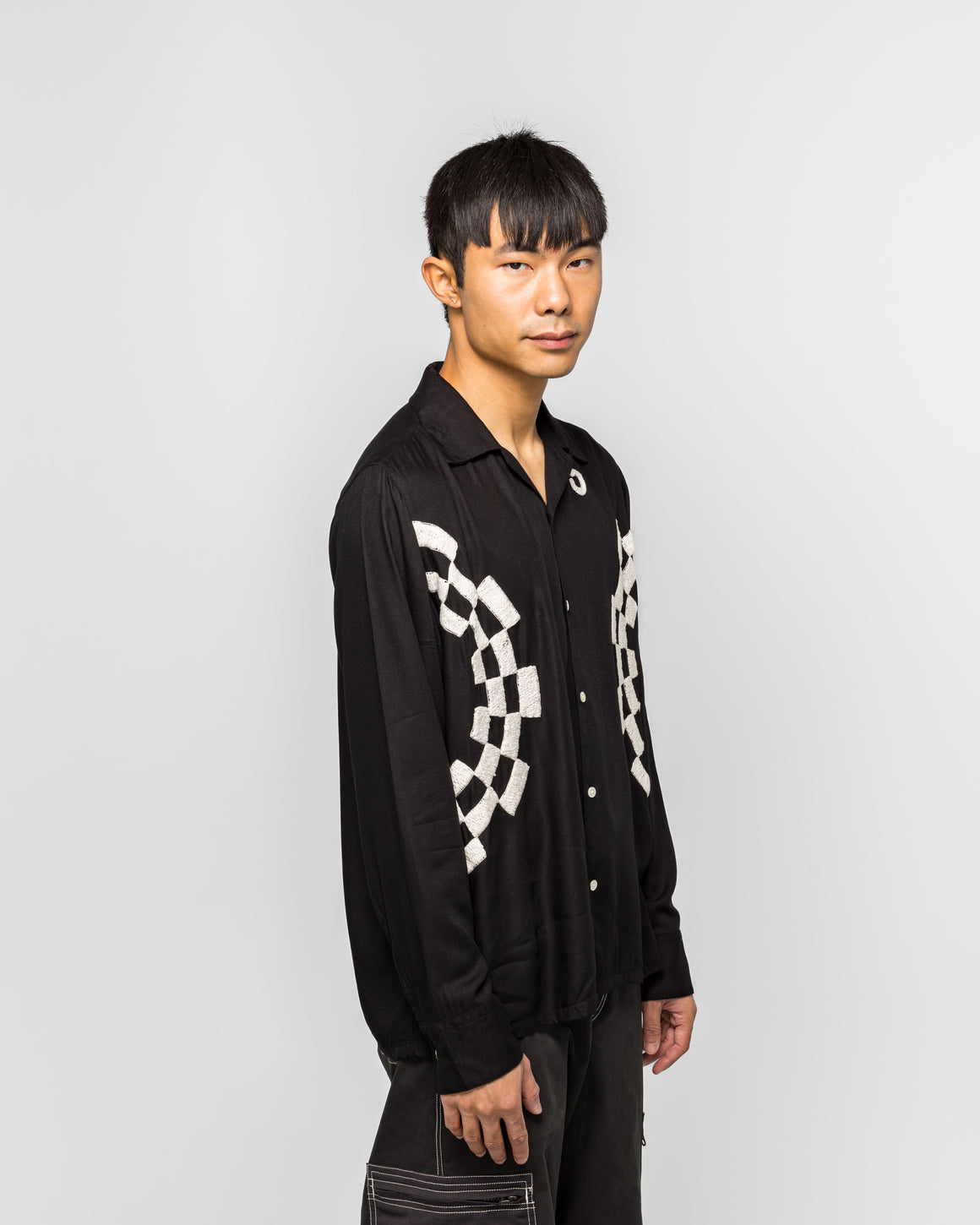 NOMARHYTHM TEXTILE - Checker Embroidery Open Collar Shirt - Black - UP THERE