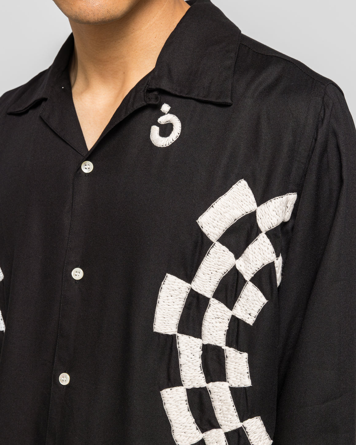 NOMARHYTHM TEXTILE - Checker Embroidery Open Collar Shirt - Black - UP THERE