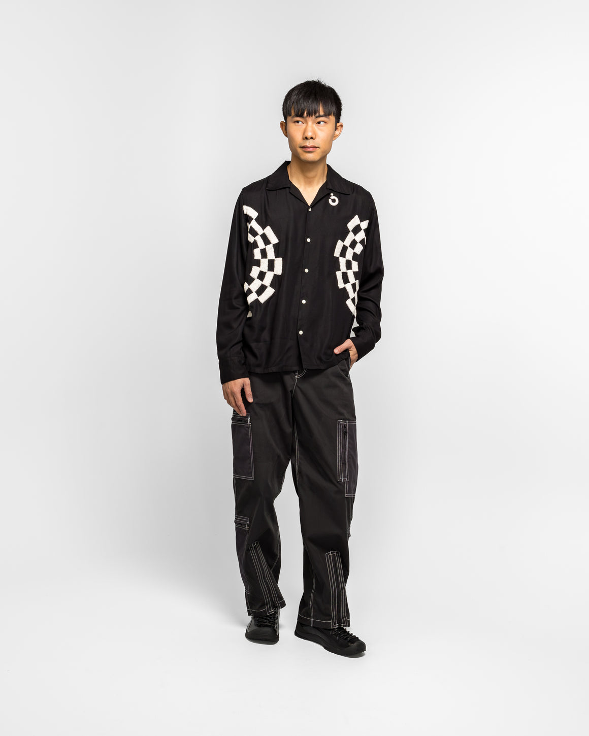 NOMARHYTHM TEXTILE - Checker Embroidery Open Collar Shirt - Black - UP THERE