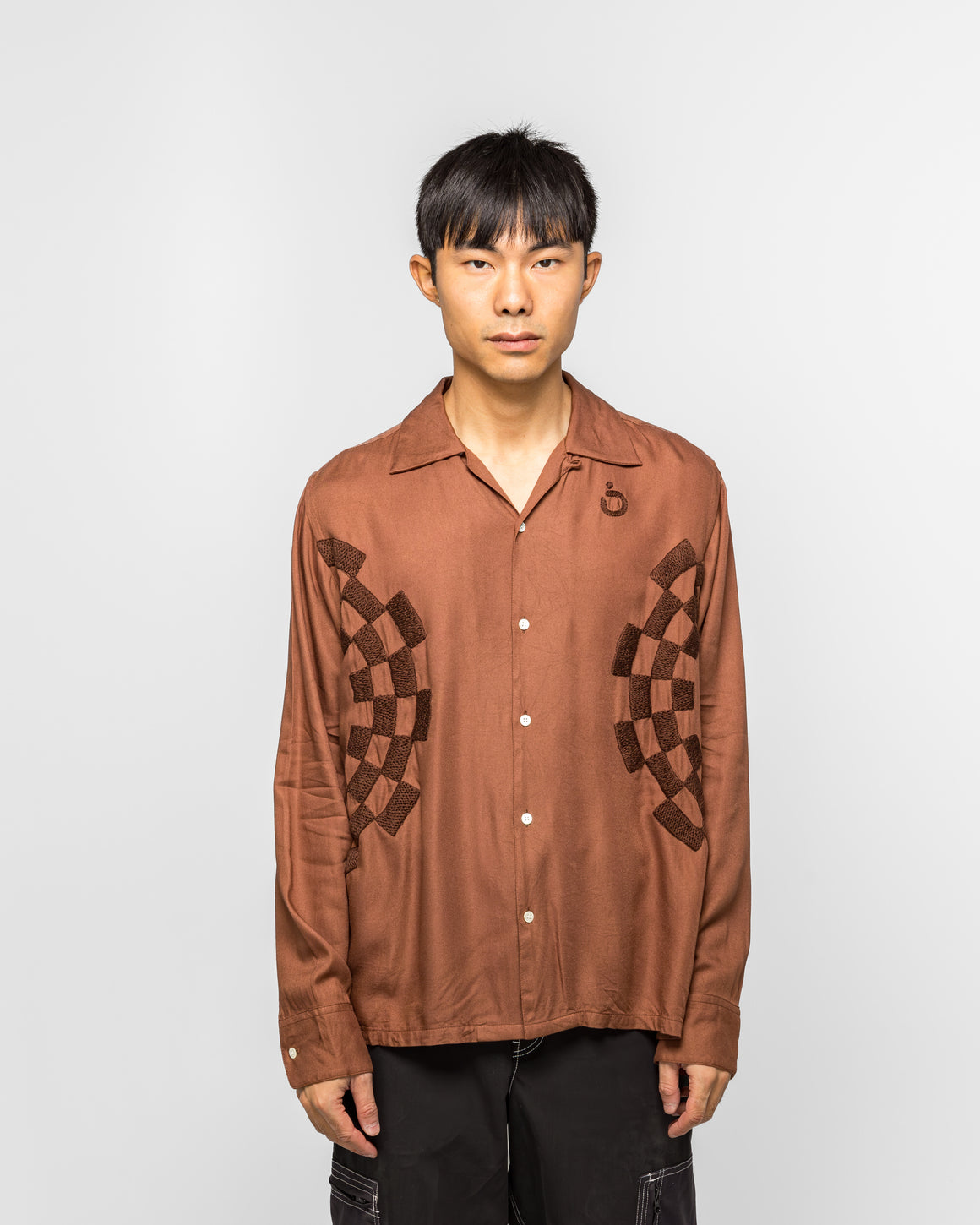 NOMARHYTHM TEXTILE - Checker Embroidery Open Collar Shirt - Walnut - UP THERE