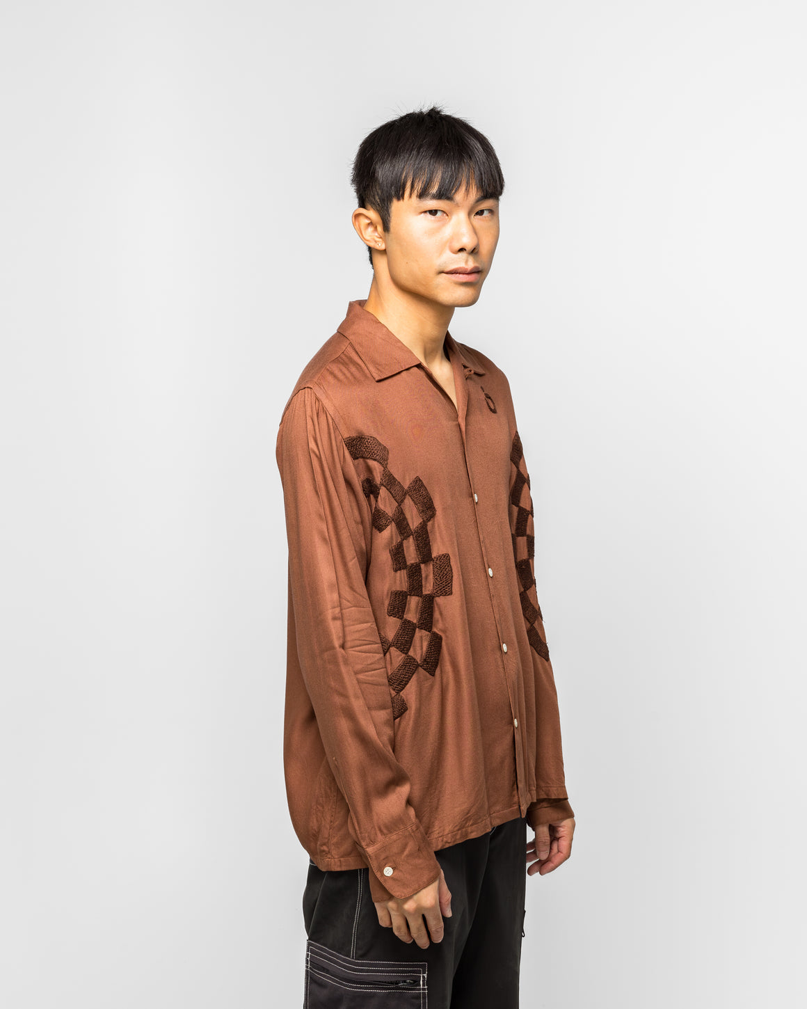 NOMARHYTHM TEXTILE - Checker Embroidery Open Collar Shirt - Walnut - UP THERE