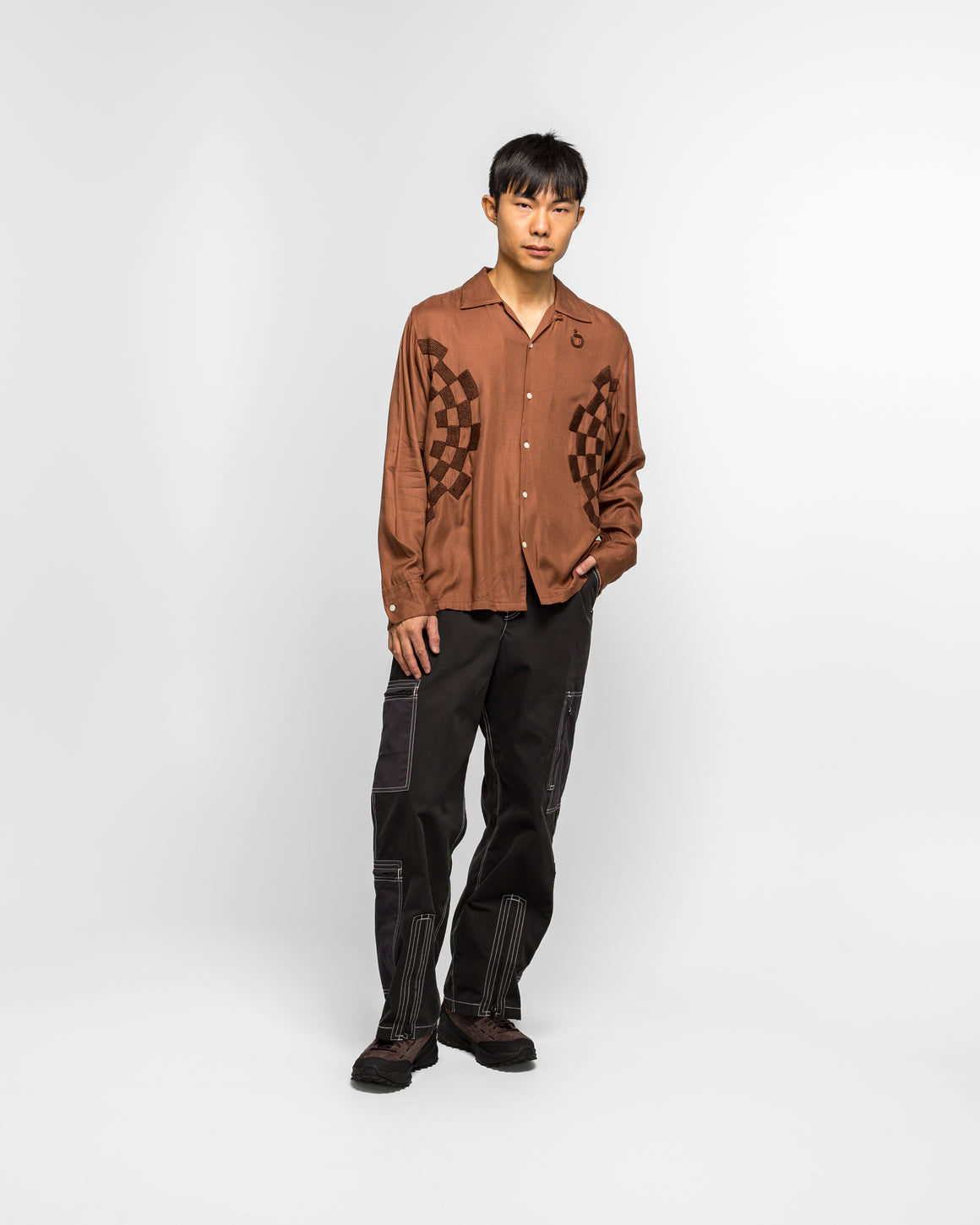 NOMARHYTHM TEXTILE - Checker Embroidery Open Collar Shirt - Walnut - UP THERE
