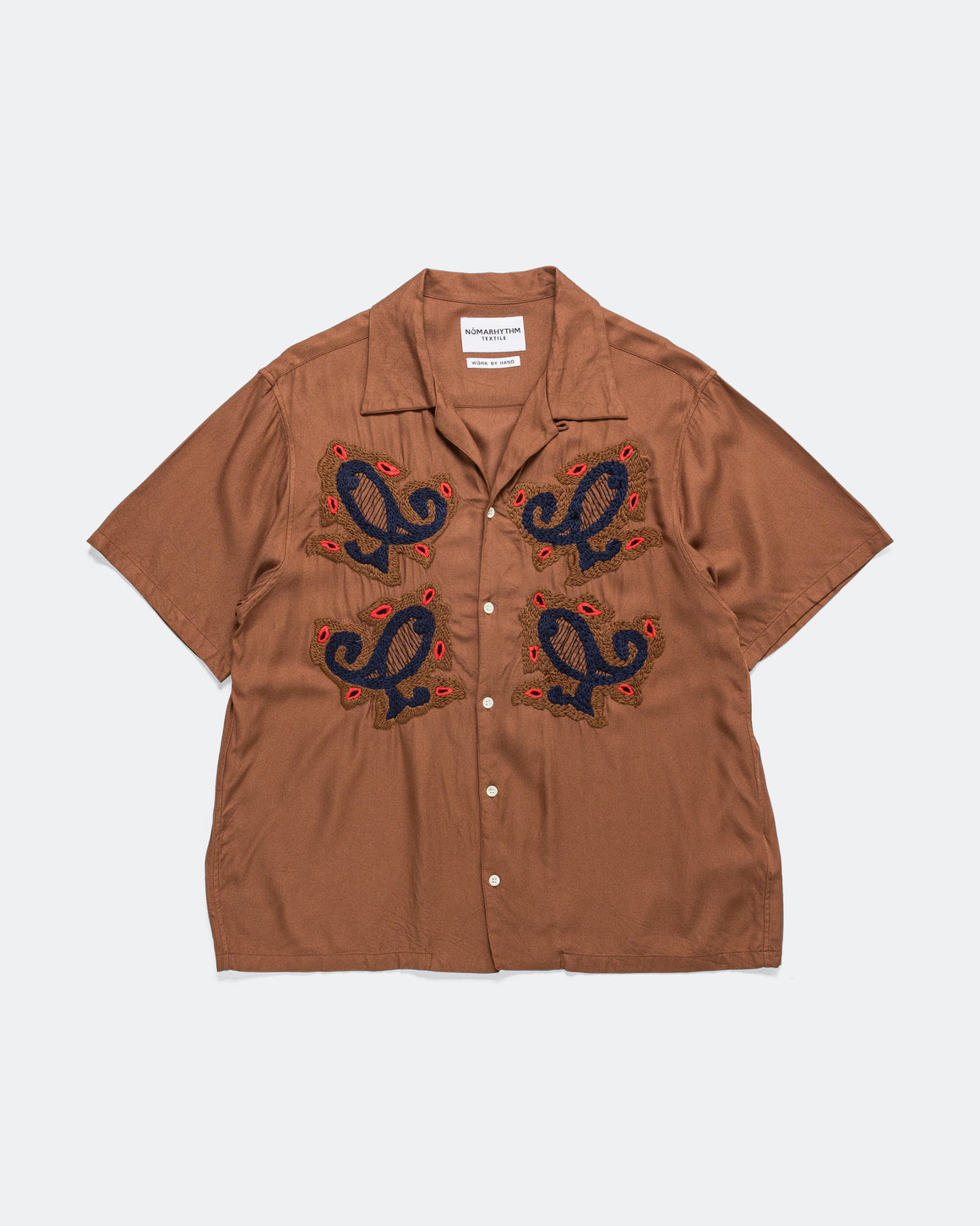 NOMARHYTHM TEXTILE - Paisley Embroidery Open Collar SS Shirt - Walnut - UP THERE