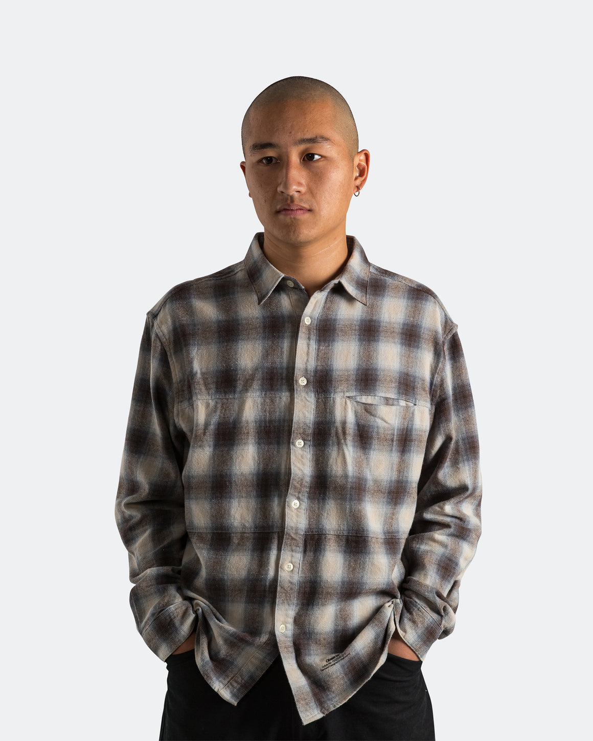 Observe - Plaid Panel Flannel Shirt - Beige Blue - UP THERE