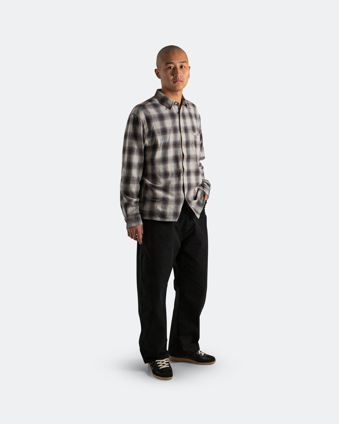 Observe - Plaid Panel Flannel Shirt - Beige Blue - UP THERE