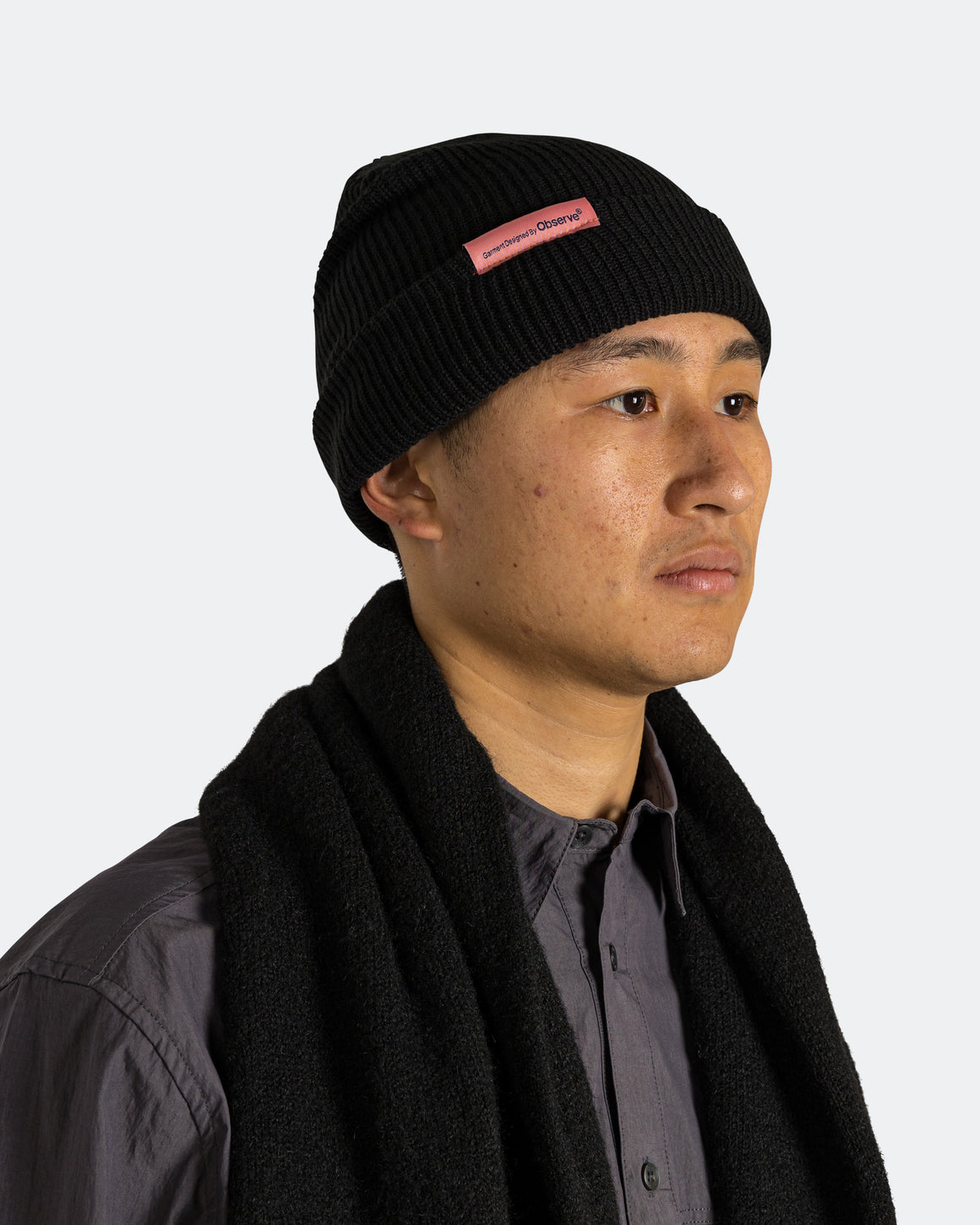 Observe - Ribbed Knit Label Beanie - Black - UP THERE