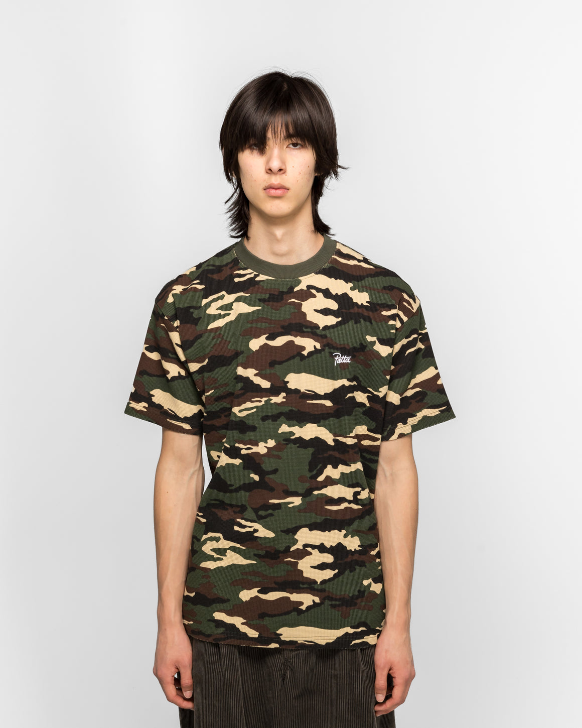 Patta - Waffle Script Logo T-Shirt - Woodland Camo - UP THERE