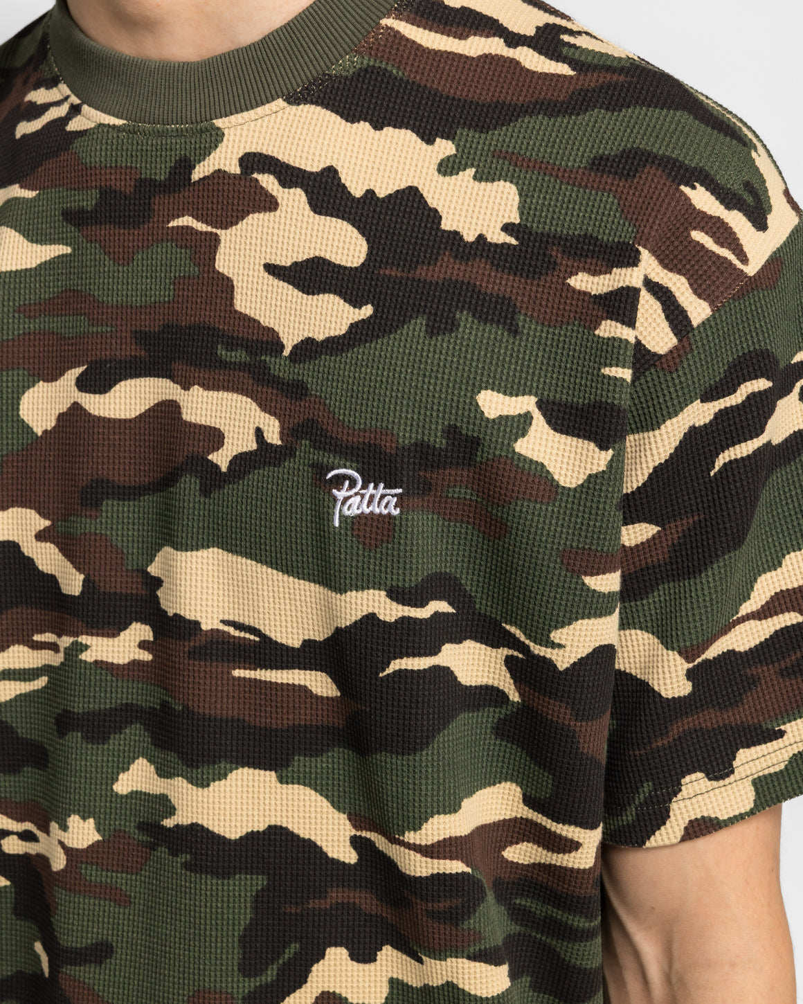 Patta - Waffle Script Logo T-Shirt - Woodland Camo - UP THERE