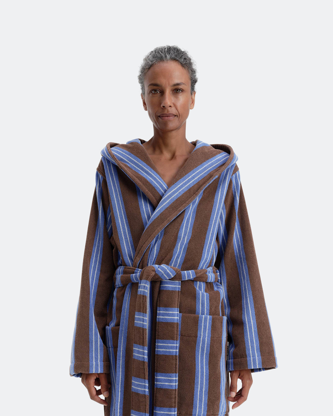 Tekla - Hooded Bathrobe - Chestnut Stripes - UP THERE