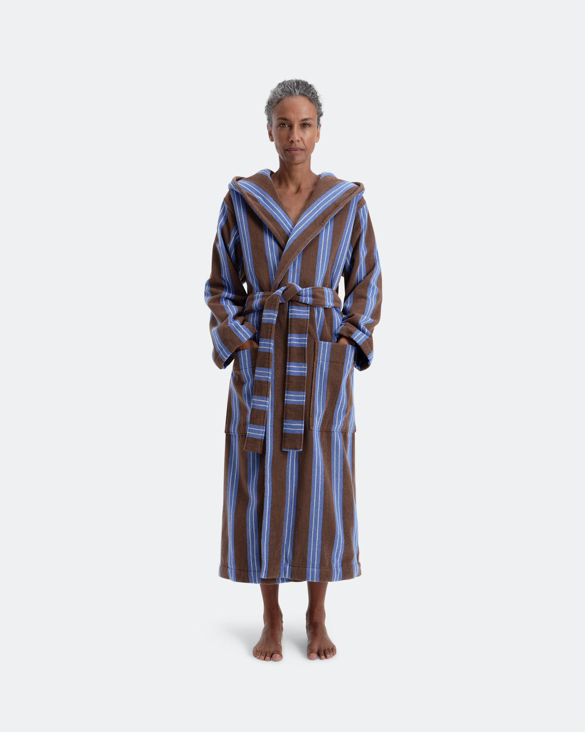 Tekla - Hooded Bathrobe - Chestnut Stripes - UP THERE