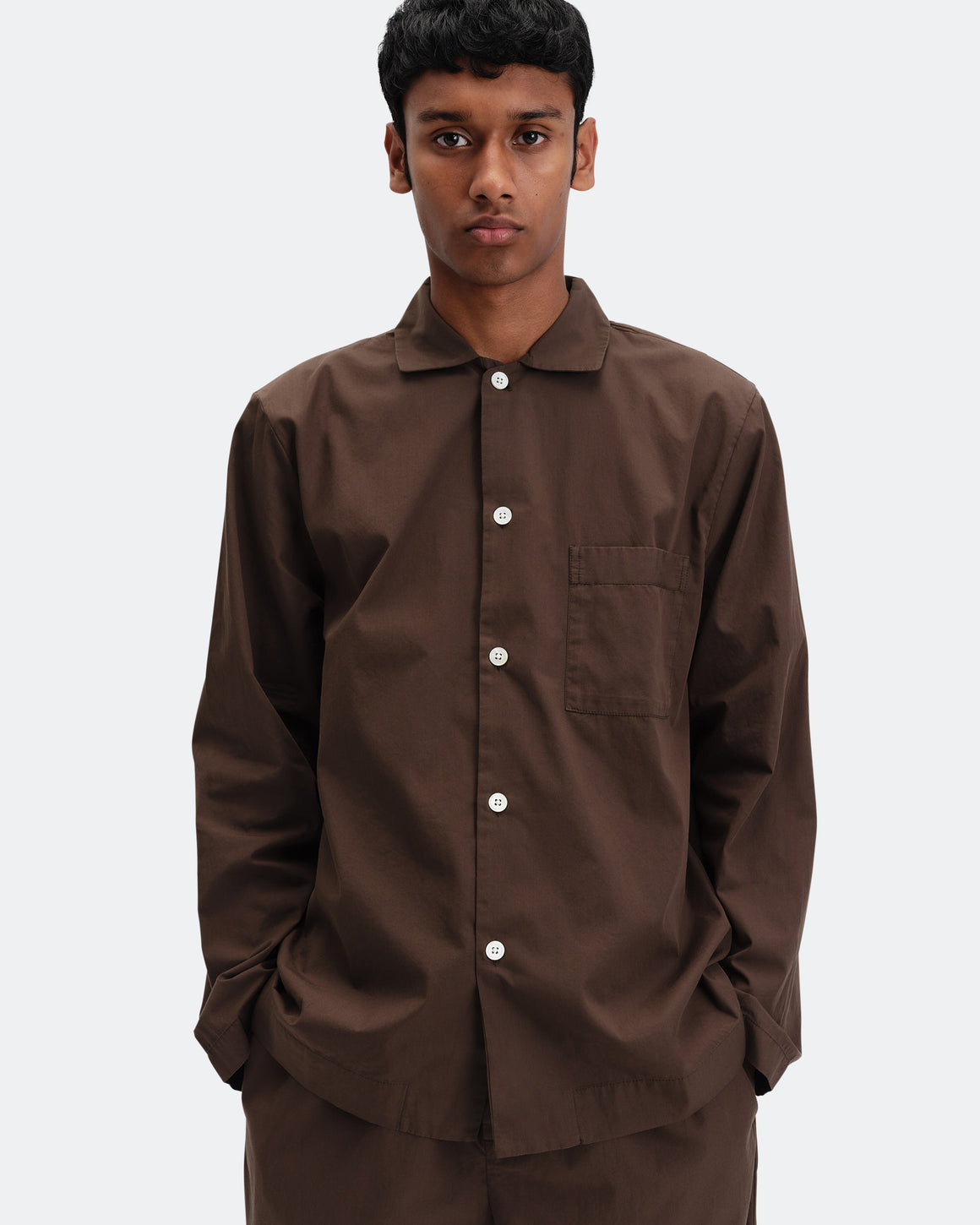 Tekla - Pyjama Shirt - Coffee Cotton Poplin - UP THERE