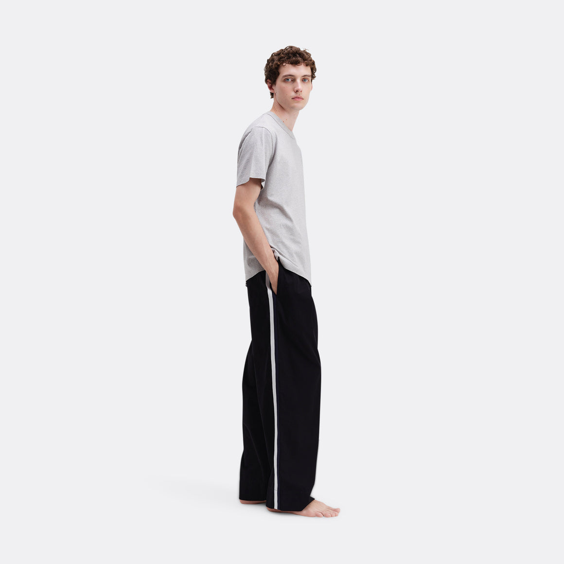 Tekla - Pyjama Pants Grosgrain Side Stripe - All Black Cotton Poplin - UP THERE
