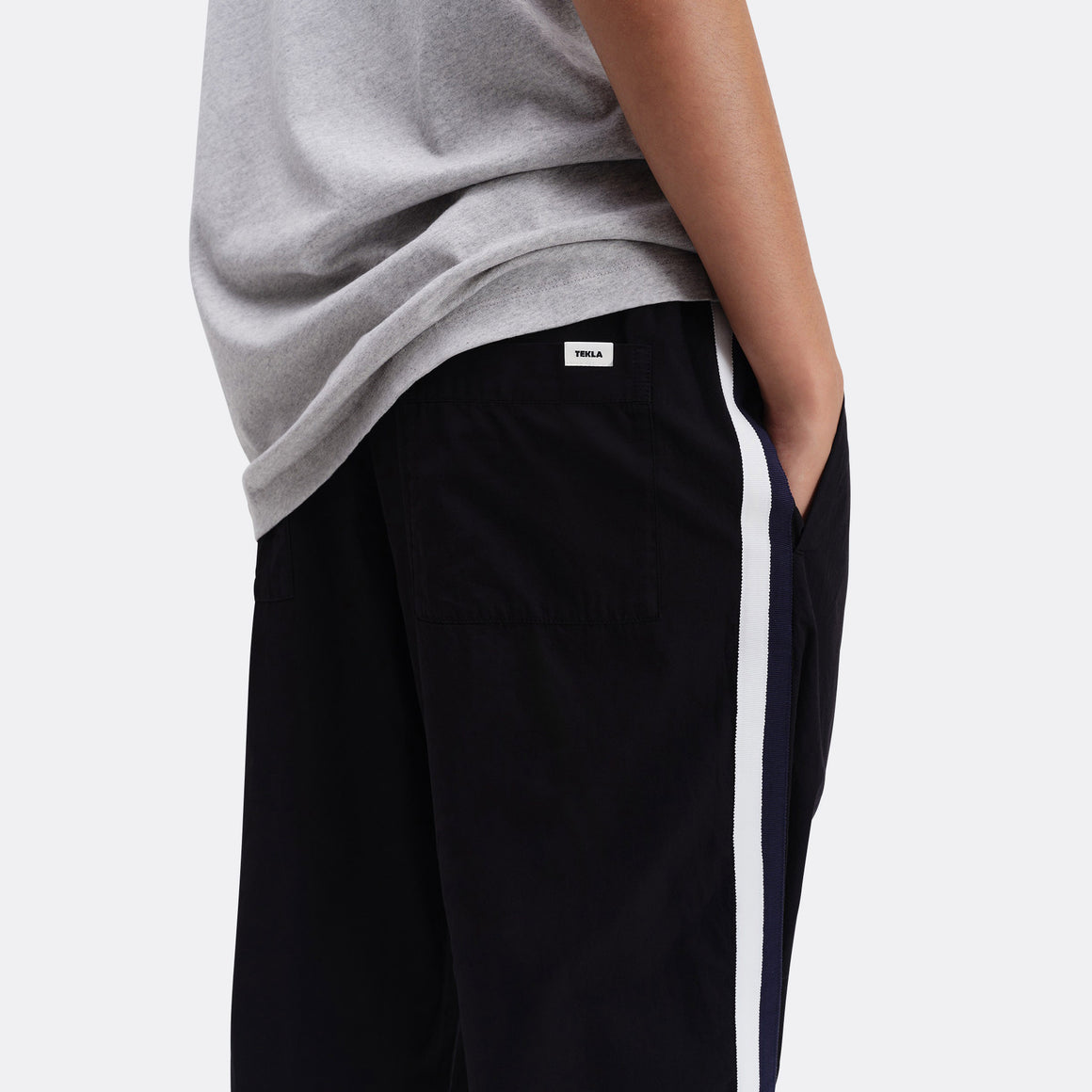 Tekla - Pyjama Pants Grosgrain Side Stripe - All Black Cotton Poplin - UP THERE