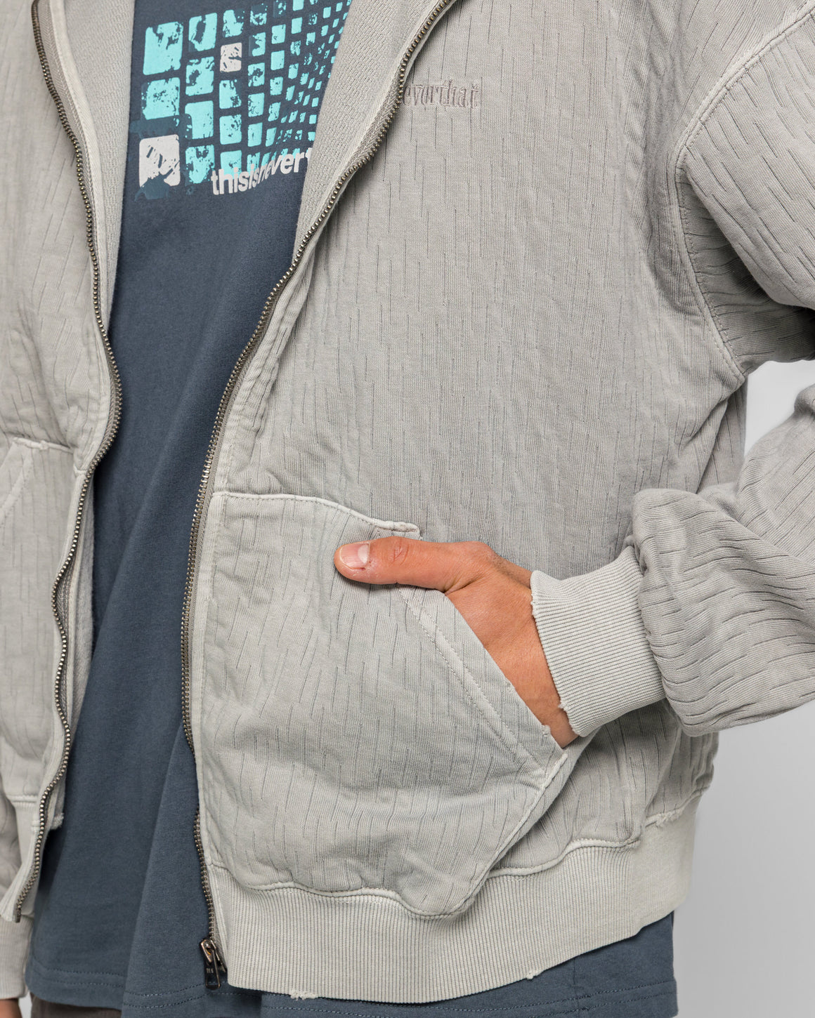 thisisneverthat - Damaged Zip Up Hoodie - Khaki Grey - UP THERE