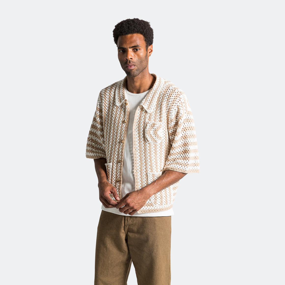 Checks - Crochet Cuban Shirt - Biscuit - UP THERE