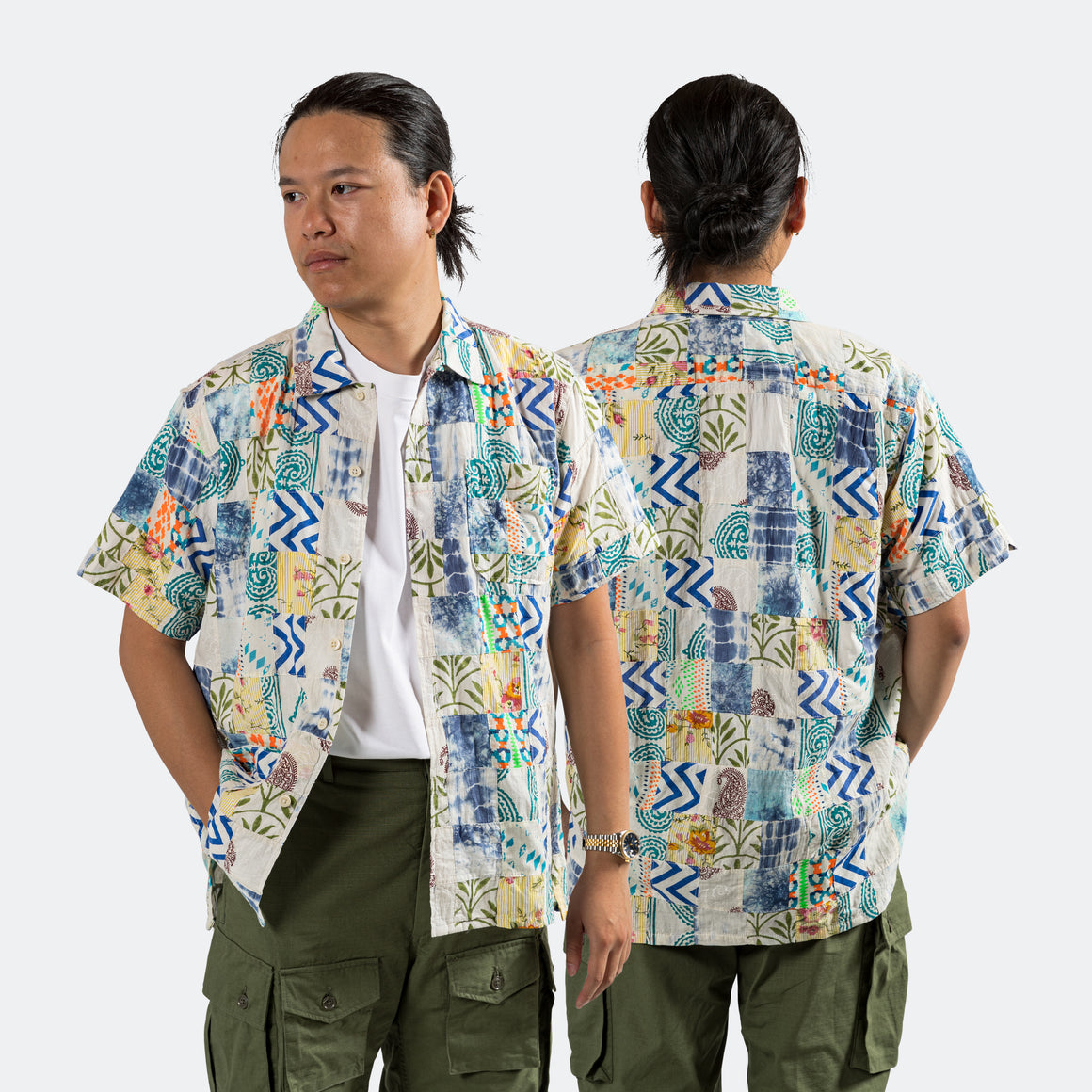 Engineered Garments - Camp Shirt - White/Blue Ethno Print Patchwork - UP THERE